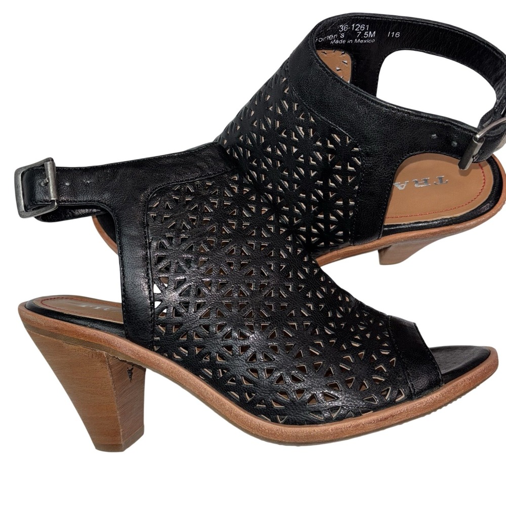 TRASK LASER CUT LEATHER SLINGBACK HEELED SANDALS IN BLACK NWOB WOMEN'S SIZE 7.5